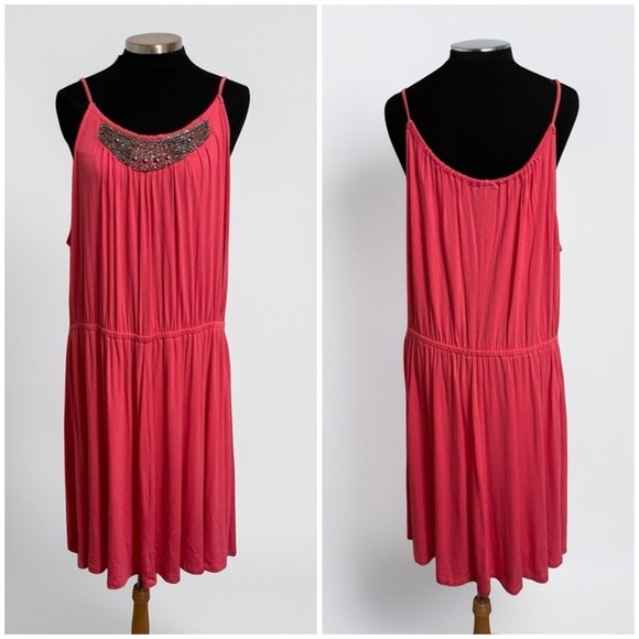 Lane Bryant Pink Beaded Bib Neck Sleeveless Blouson Dress Plus Size 22/24 - Picture 2 of 5